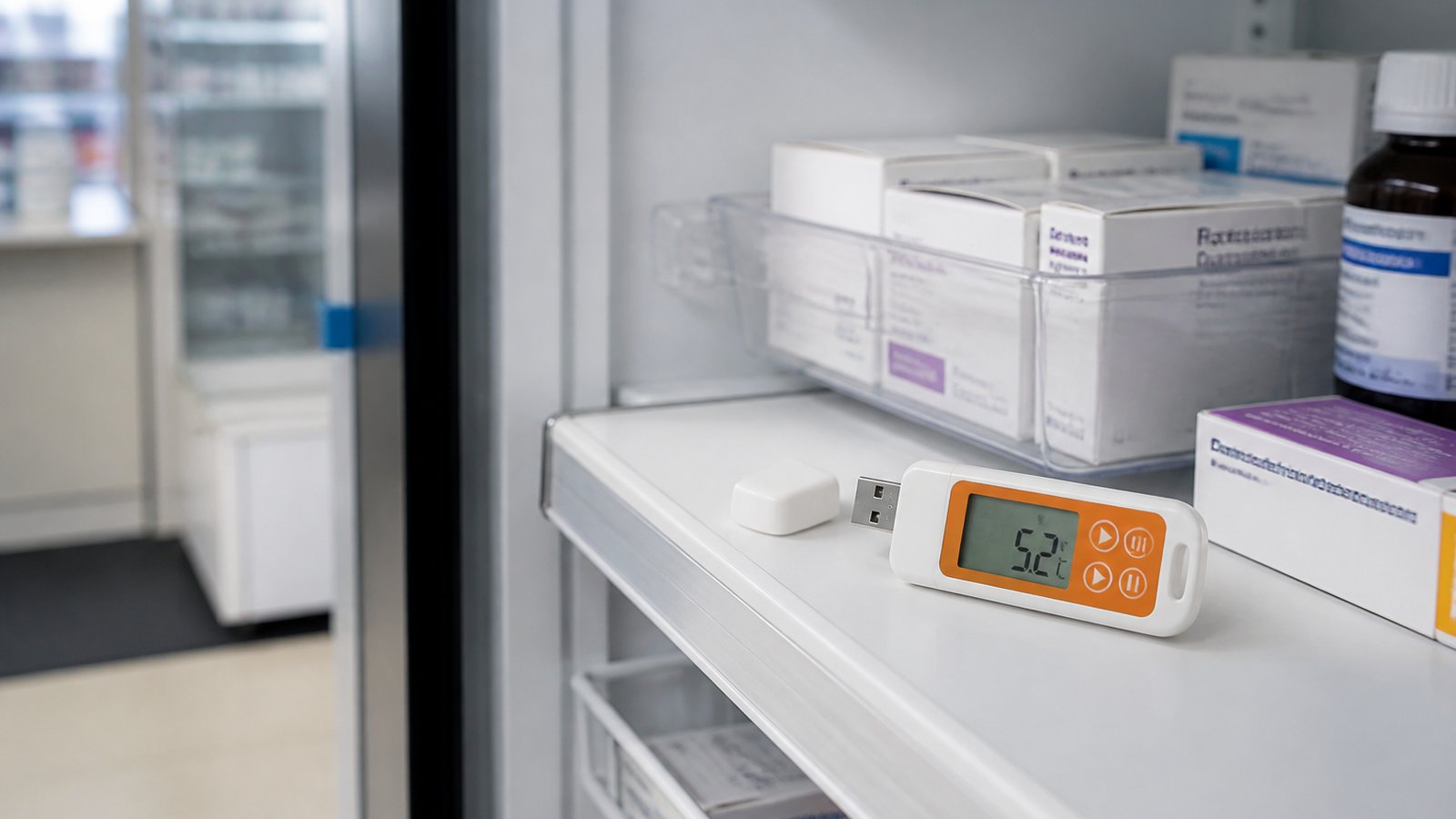 UK lifestyle photo for reading logger for overnight pharmacy fridge